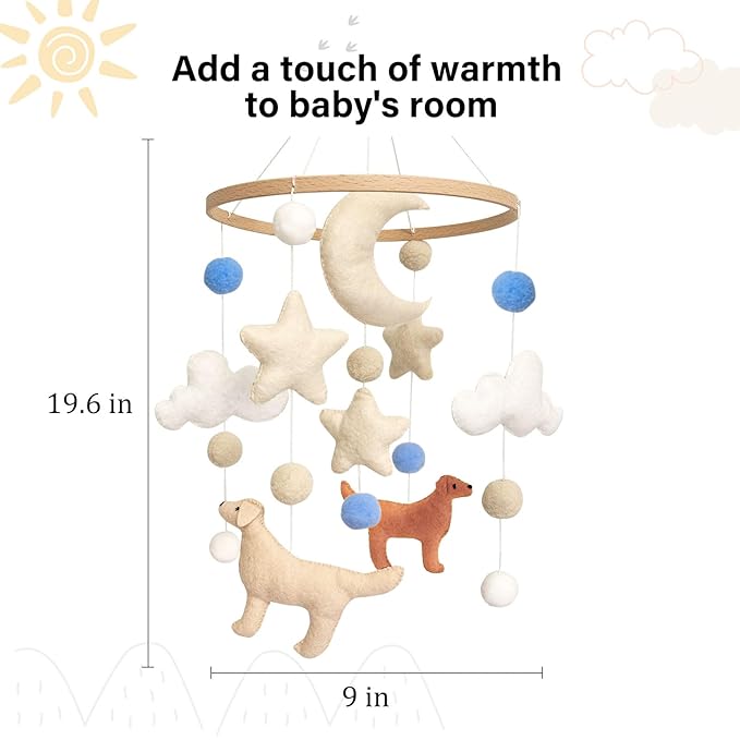 Dog Baby Mobile, Mobile for Crib, Crib Mobile for Boys and Girls, Nursery Mobile for Bassinet, Pack and Play, Dog, Moon, Cloud, Star, Blue Felt Ball