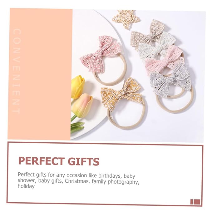 6 Pcs Headbands with Lace Bow Elastic Hairbands for Newborn Soft Nylon Hair Bows for Birthday Shower Photography Props