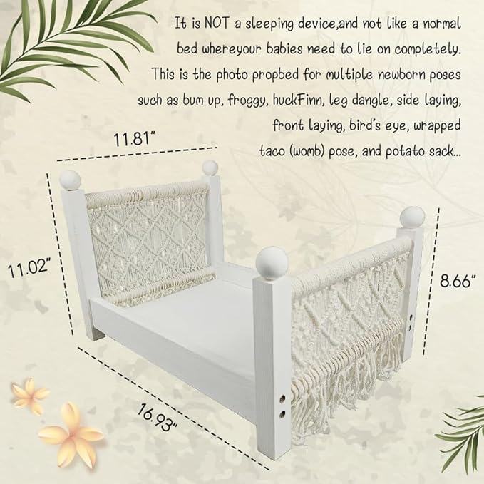 M&G House Newborn Photography Props Bed Woven Wooden Baby Photo Props Classic Retro Photoshoot Bohemian Macrame White Wood Bed Photo Studio Gift