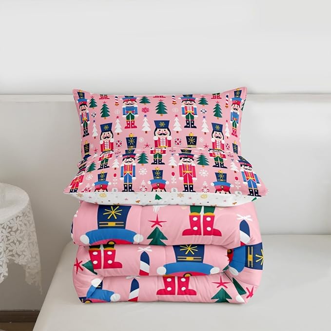 Feelyou Cute Nutcracker Kids Comforter Set King Christmas Tree Bedding Set Xmas Snowflake Duvet Quilt for Kids Boys Girls Bedroom Colorful Soldier Decor Candy-Cane Designs Microfiber Soft Breathable