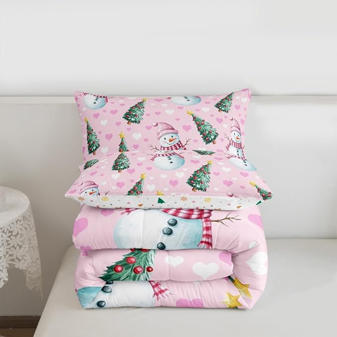 Feelyou Merry Christmas Comforter Set All Season Cute Snowman Bedding Set with 1 Pillow Cases Christmas Tree Microfiber Kids Toddler Bedclothes Love Hearts Duvet Quilt Breathable Soft Lightweight
