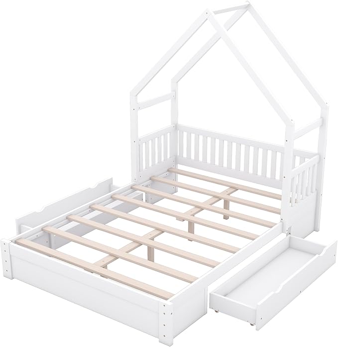 Bellemave Queen Size Wood House Platform Bed with 2 Drawer for Toddlers and Baby, Modern Montessori Platform Bed Frame, No Box Spring Required, Low Floor Bed for Kids' Room or Baby Room (White)