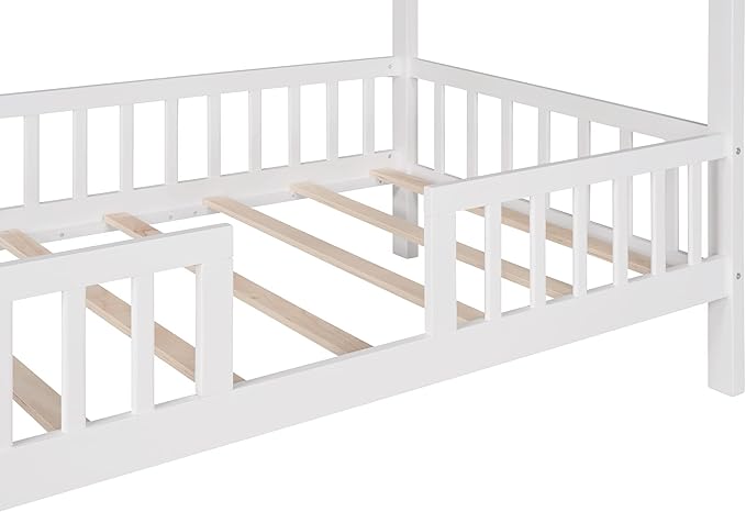 Bellemave Twin House BedFrame with Roof, Montessori Floor Bed, House Bed with Rails for Kids, White+Gray