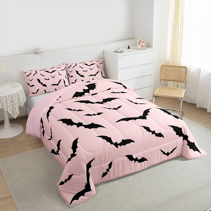 Erosebridal Pink Halloween Bedding Set Gothic Bats Comforter Set Queen,Spooky Halloween Decor Quilt for Kids Boys Girls Adults Black Pink Goth Themed Duvet Insert,Goth Horror Animal