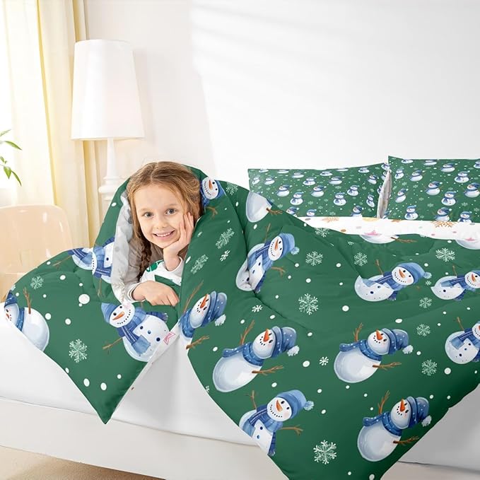 jejeloiu Kids Cute Winter Snowman Comforter Set Toddler Green Christmas Theme Bedding Set for Boys Girls Teens Xmas Snowflake Happy New Year Duvet Quilt Room Decor