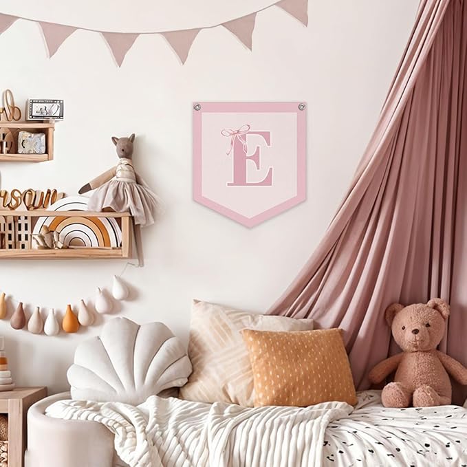 Lacama Initial Personalized Preppy Banner, Baby Girl Nursery Shower Decor Gifts, Coquette Pink Bow Teen Girl Gifts, Vintage Room Decor Toddler Room Bedroom Playroom Front Door Birthday Gift(E)