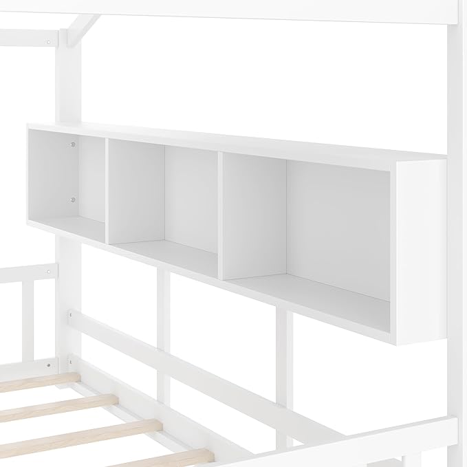 Merax Wood Cute House Bed with Storage Shelves, Full Size Floor Platform Bed Frame with Headboard & Roof Design, No Box Spring Needed, White