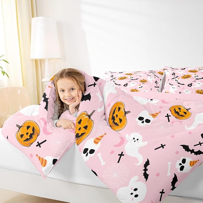 Erosebridal Pink Halloween Comforter Set Cute Ghost Bedding Set Full Size,Spooky Pumpkin Bat Decor Quilt for Kids Boys Girls Adults Vintage Halloween Decorations Down Comforter