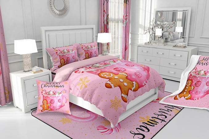 Erosebridal Merry Kids King Comforter Sets Christmas Decor Bedding Sets Pink Xmas Snowflake Down Comforter Dessert Gingerbread Man Bed Set for Boys Girls Teens