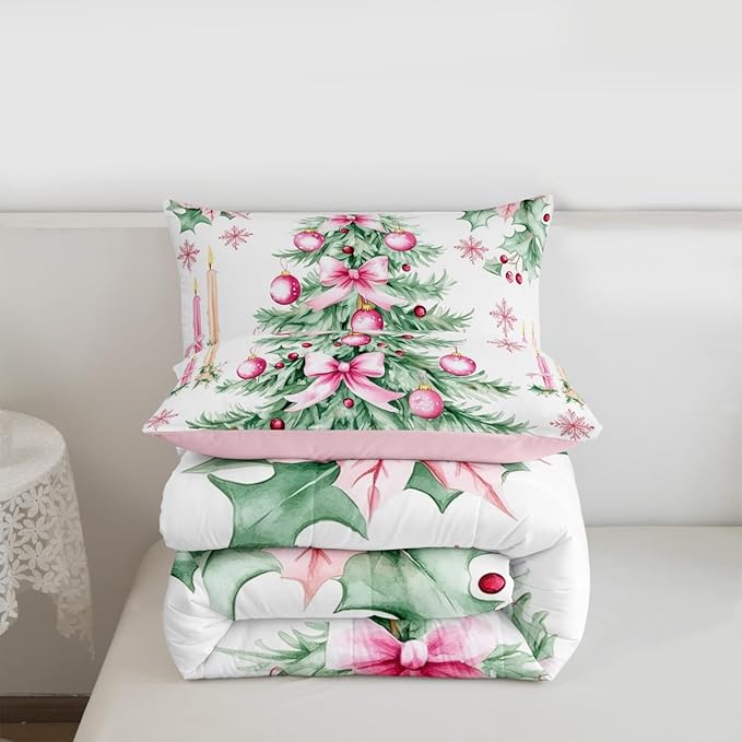Feelyou Pink Christmas Comforter Set Toddler Size Xmas Tree Bedding Set for Kids Boys Girls Xmas Ornaments Duvet Quilt Snowflake Bow Bedroom Decor Microfiber 2 Pcs with 1 Pillow Cases