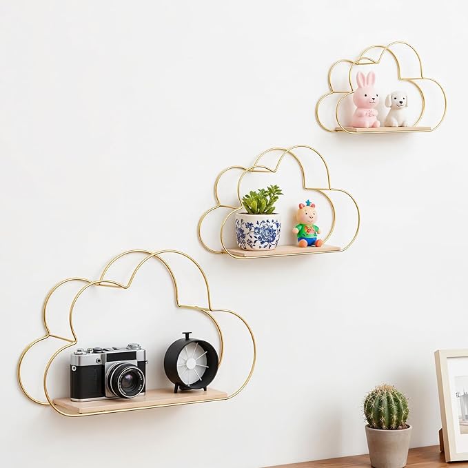 Golden Cloud Shape Floating Shelves Wall Decor,Gold Metal Wire and Wood Base Wall Mounted Shelf Decorations for Home Bedroom Living Room Set of 3