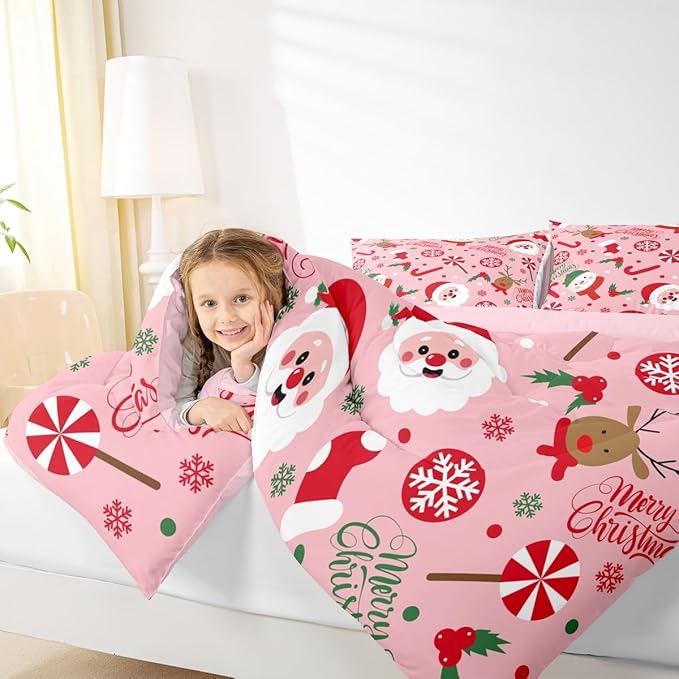 Feelyou Merry Christmas Kids Comforter Set Queen Size Santa Claus Snowman Bedding Set Deer Berries Duvet Quilt for Kids Boys Girls Bedroom Snowflake Decor Microfiber Ultra Soft Breathable
