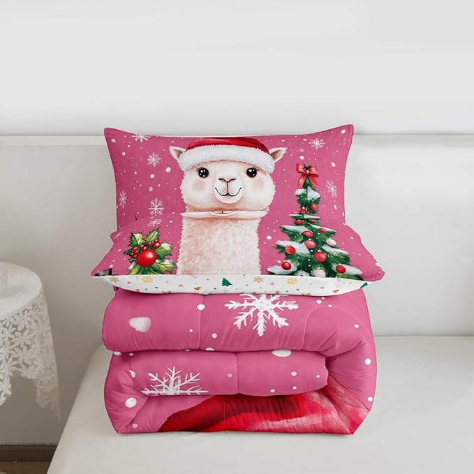 Feelyou Merry Christmas Bedding Set Soft for Boys Girls, Cute Llama Comforter Set Twin Size Snowflake Duvet Quilt Microfiber Christmas Tree Bedroom Decor 2 Pcs with 1 Pillow Cases