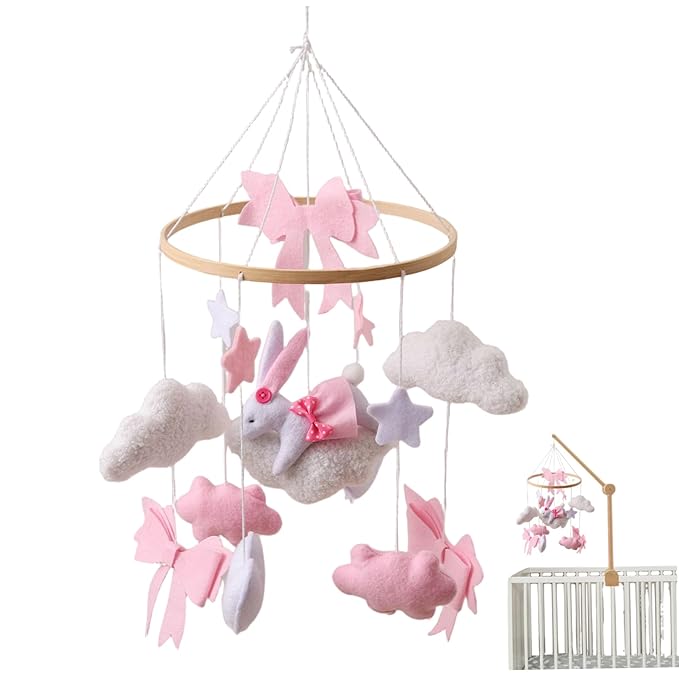 Baby Crib Mobile, Hand-Crocheted Rabbit Crib Hanging Toy, Felt Bows Clouds Stars Nursery for Boys and Girls, Baby Nursery Hanging Decor Mobiles for Babies, Mobile Hanger for, Toys Ha