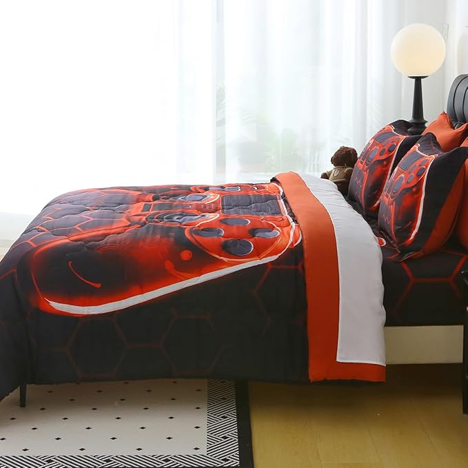 Wajade Game Console Comforter Set for Boys 7 Piece Orange 3D Gaming Geometric Bedding Sets for Kids Queen Size as Birthday with Comforter, Sheet Set, Pillowcase and Sham