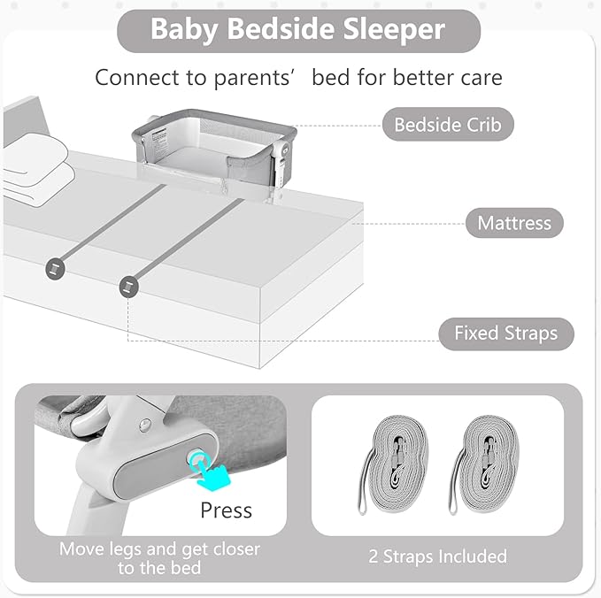 INFANS 3 in 1 Baby Bassinet, Bedside Sleeper, Rocking Cradle, Easy Folding Portable Safer Co-Sleeping Crib with Height Adjustable, Wheels Storage Basket Travel Bag for Infant Newborn (Gray)
