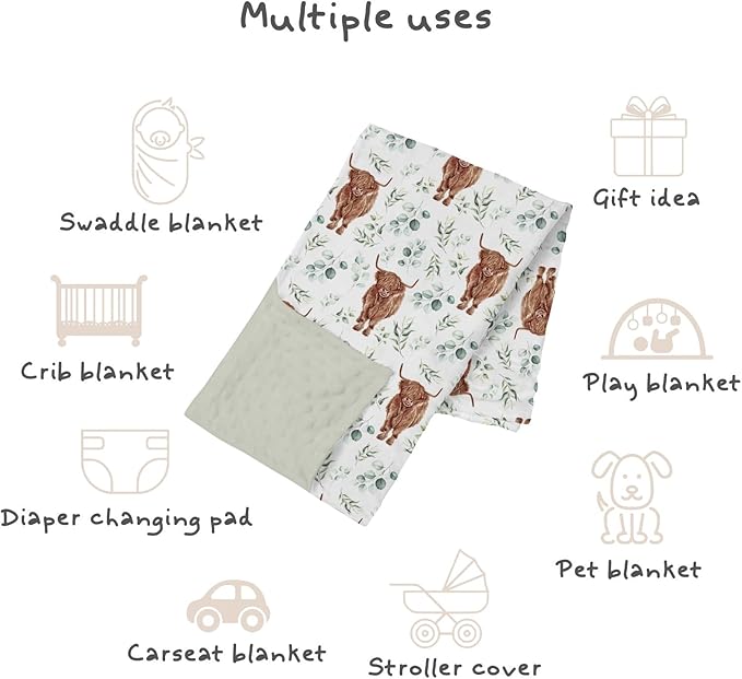 Highland Cow Baby Blankets for Girl Boy 30" x 40", Green Eucalyptus Leaf Soft Double Layer Minky Blanket Dotted Fleece Back, Nursery Bed Receiving Quilt Newborn Infant Toddler Shower Gift