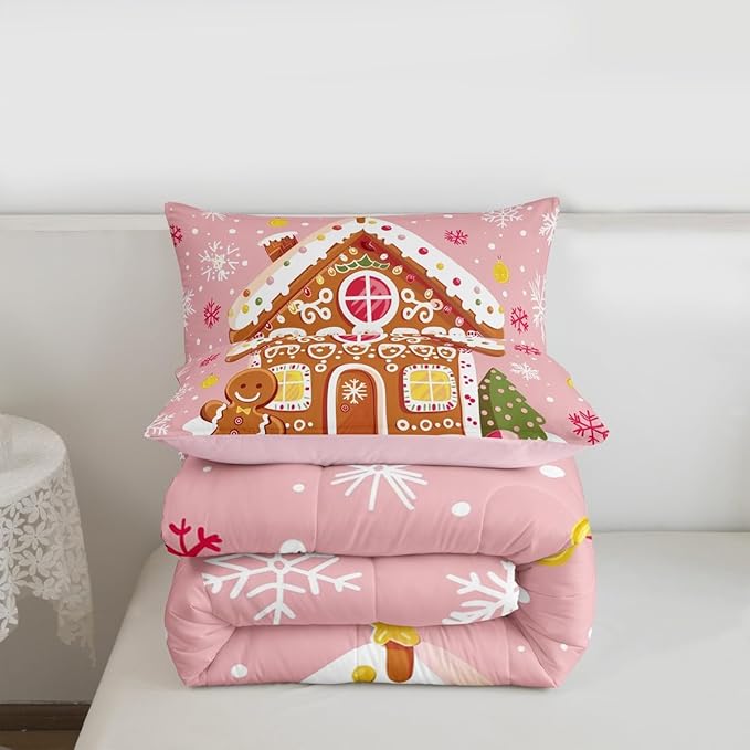 Feelyou Christmas Gingerbread Bedding Set Soft for Boys Girls,Gingerbread House Comforter Set King Size Winter Holiday Decor Duvet Quilt Cute Snowflake Room Decor Pink Decor 3 Pcs with 2 Pillow Cases
