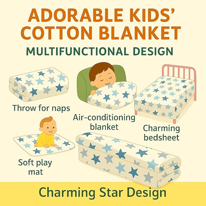 Kids Throw Blanket – Soft Cotton Toddler Blanket with Blue & Gray Stars Pattern, Breathable Lightweight Bed Throw with Stitched Edges, 40 x 60 in (101.6 x 152.4 cm)