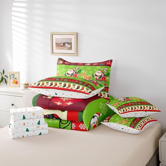 Feelyou Christmas Santa Claus Deer Bedding Set Cartoon Stockings Bedding Set for Kids Boys Girls Teens Decor Christmas Snowflake Bed in a Bag Kawaii Bed Set 7Pcs Queen Size