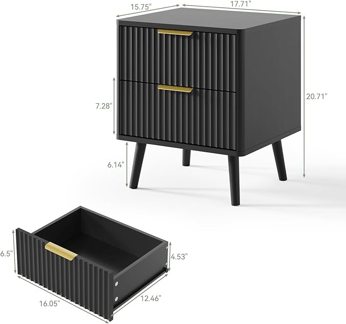 LYNSOM Fluted Dresser and Nightstand Sets 2 Piece, 2-Drawer Nightstands and 7-Drawers Dresser, Wood Bedroom Furniture Set for Home, Bedroom, Hallway, Black