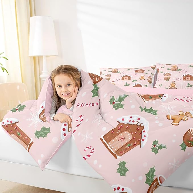 Feelyou Pink Christmas Comforter Set All Season Gingerbread Man Bedding Set with 2 Pillow Cases Christmas Pastry Microfiber Kids King Bedclothes Candy Cane Bedroom Decor Duvet Quilt Breathable Soft
