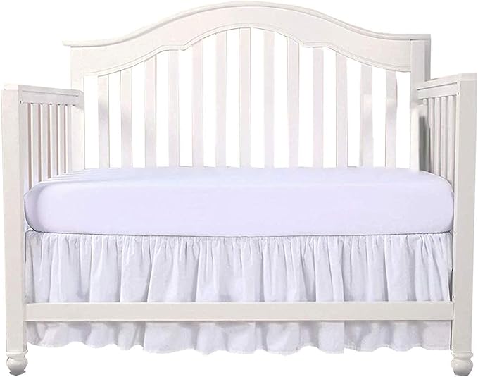Crib Bed Skirt 28” x 52” with 14” Drop – Split Corners Dust Ruffle, Microfiber - Breathable, Durable, Elastic Adjustable Fit, Soft Nursery Bedding for Baby Boys & Girls, White Solid