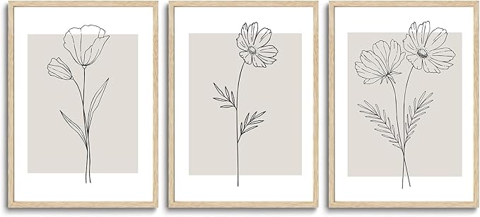 CHMMART 3 Piece Neutral Flower Framed Wall Art Beige Minimalist Floral Canvas Art Prints Boho Botanical Line Pictures Wall Decor Artwork Painting for Living Room Bedroom Office 16x20in