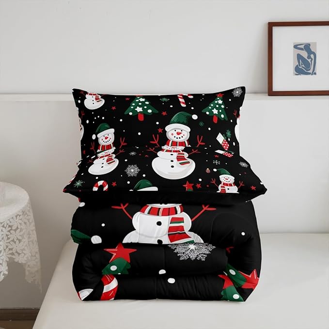 jejeloiu Kids Cute Winter Snowman Comforter Set Toddler Christmas Theme Bedding Set for Boys Girls Teens Xmas Candy Cane Snowflake Happy New Year Duvet Quilt Room Decor