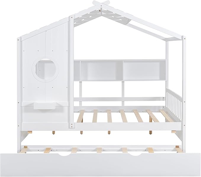 Full Size House Bed with Roof and Window for Kids, Wooden Playhouse Bed with Storage Shelves and Trundle for Bedroom Furniture Girls & Boys (White/T2)