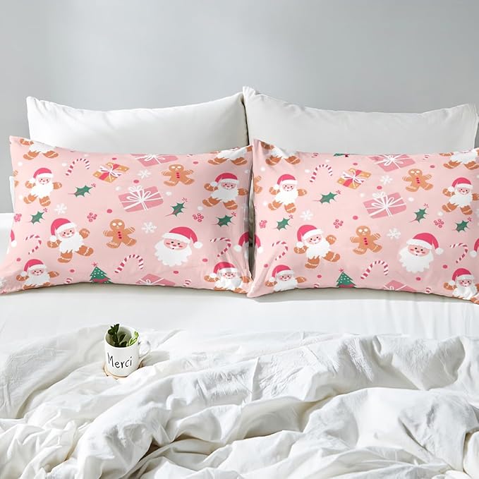 Feelyou Merry Christmas Bedding Set Cookies Candy Duvet Cover Set for Kids Boys Girls Pink Christmas Comforter Cover Quilt Cover Bedroom Collection 3Pcs Full Size,No Comforter