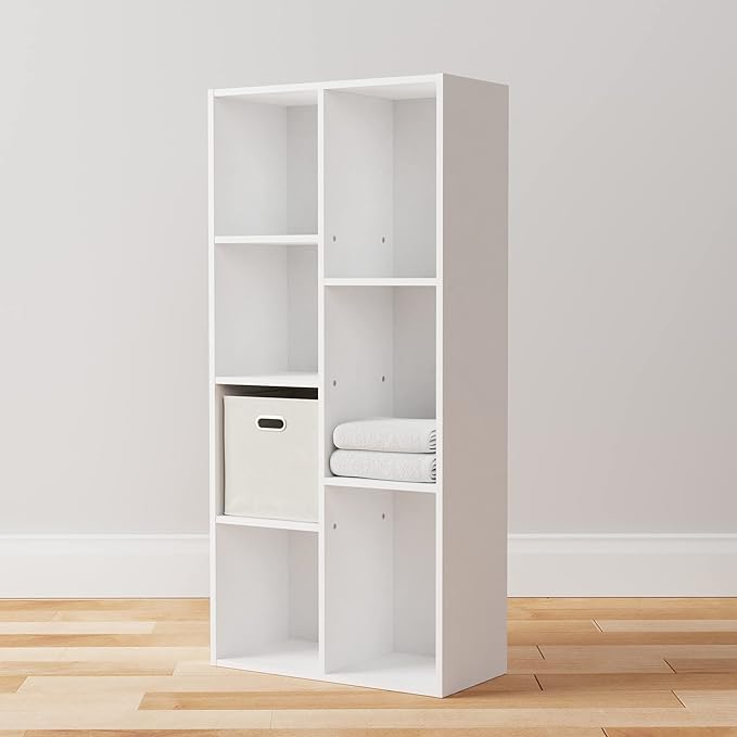 Amazon Basics 7 Cube Organizer Bookcase Shelf, Storage for Home and Office, 9.25"D x 19.49"W x 41.73"H, White