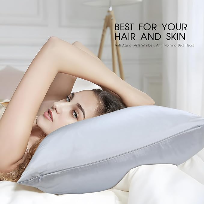 100% Mulberry Silk Pillowcase with Hidden Zipper,Both Sides Pure Silk Breathable Pillow Case for Hair and Skin,19 Momme Grade 6A,1pc,Light Blue,Queen Size 20x30 Inches