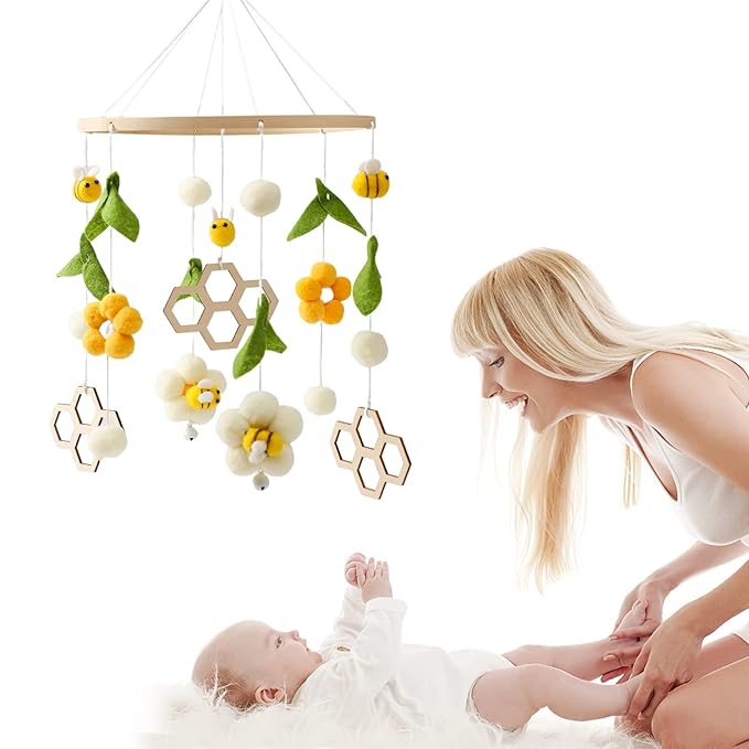 Nursery Mobile for Boys Girls, Boho Bee Flower Nursery Decor Soothe Toy, Shower Set for Infant Bedroom Hanging Decoration, Yellow