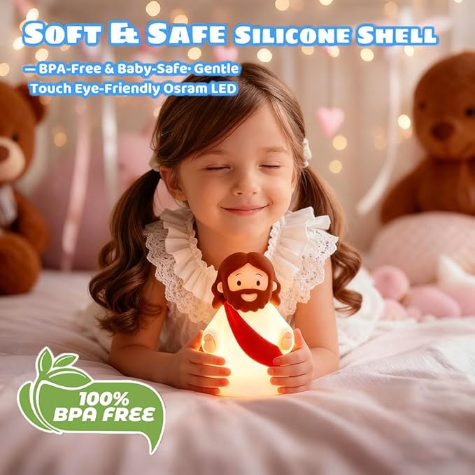 Little Jesus Night Light Mini Jesus Silicone Lamp Dimmable Nursery Nightlight for Kids Rechargeable Bedside Touch Lamp Perfect for Christmas, Easter and Baptism Gifts (Red)