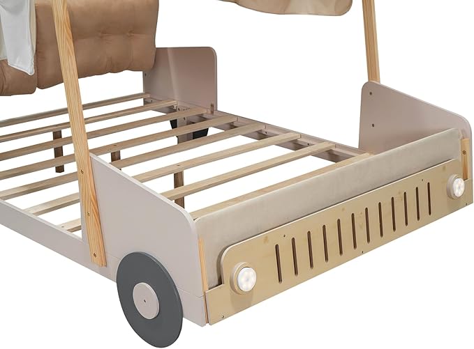 Merax Car Shaped Platform Bed for Kids Full Size, Solid Wood Bed Frame with Back Cushion & Ceiling Cloth, for Boys Girls Teens, Natural