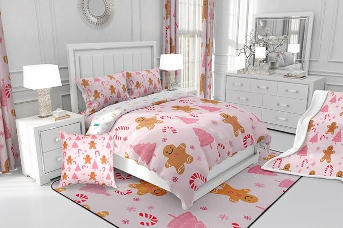 Feelyou Cute Gingerbread Man Comforter Set All Season Pink Christmas Tree Bedding Set with 2 Pillow Cases Candy Cane Kids King Snowflake Room Decor Christmas Duvet Quilt Breathable Soft Lightweight