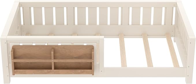 Bellemave Twin Floor Bed with Slats and Safety Guardrail, Twin Size Montessori Floor Bed with Fence and Built-in Bookshelf, Easy Assemble Montessori Beds for Kids, Girls, Boys, Beige