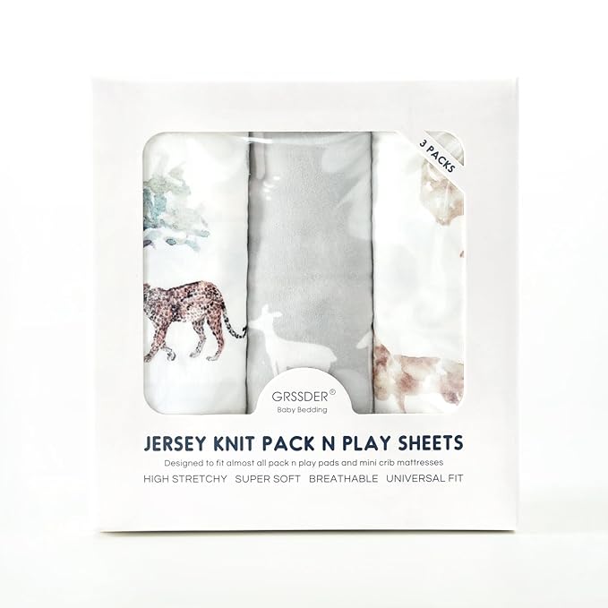 Stretchy Ultra Soft Jersey Knit Pack n Play Sheets Set 3 Pack, Portable/Mini Crib Sheets for Girls and Boys, Universal Fit for Pack N Plays Safe and Snug, Stylish African Savannah Animals Pattern