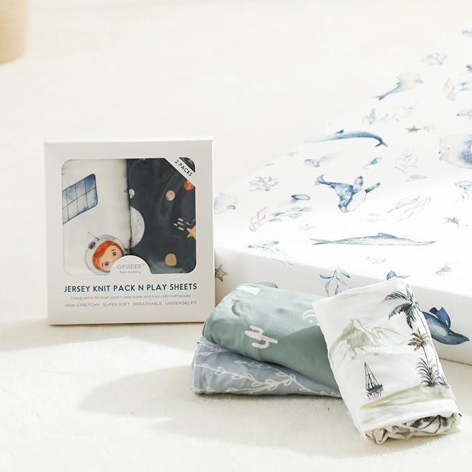 Stretchy Ultra Soft Jersey Knit Fitted Pack n Play Sheets Set 2 Pack, Portable/Mini Crib Sheets for Girls, Universal Fit for Pack N Plays Safe and Snug, Space Print
