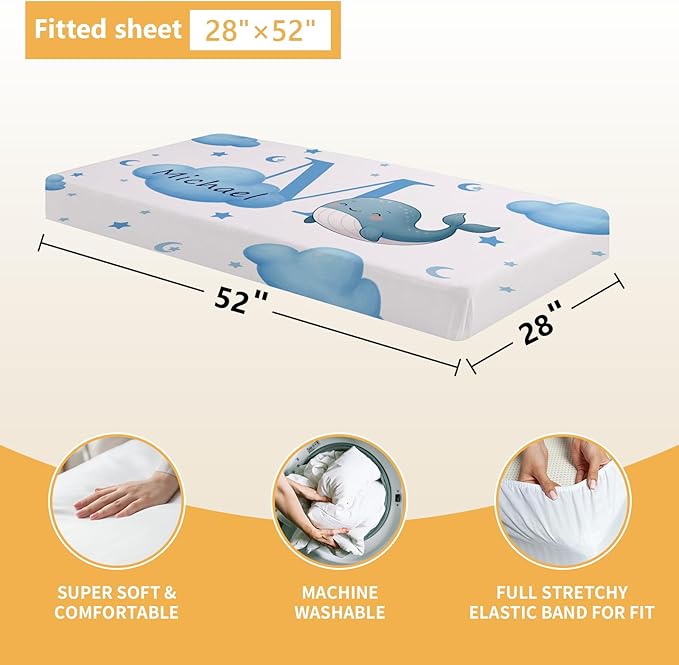 Personalized Crib Bedding Set, 5 Pcs Custom Nursery Bedding Sets with Name, Infant Bedding Set for Baby Boys Girls, Blue Dolphin Double Layer Baby Crib Set, Babies Toddlers Kids Customized Gift