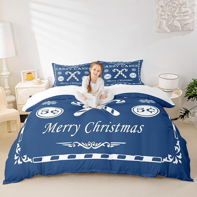 jejeloiu Christmas Bedding Set King Size Kids Christmas Quote Comforter Cover Set for Boys Girls Teens Candy Canes Print Duvet Cover Xmas Bedspread Cover Room Decorations Blue Quilt Cover