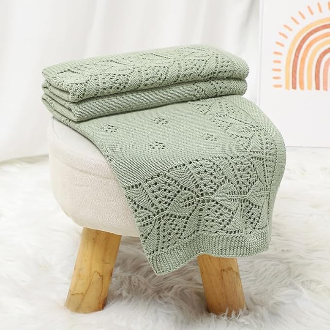 LAWKUL Cellular Blanket Baby 100% Cotton Knitted Soft Knit Crochet Blankets for Newborn Boy Girls Infants Green 100x80cm