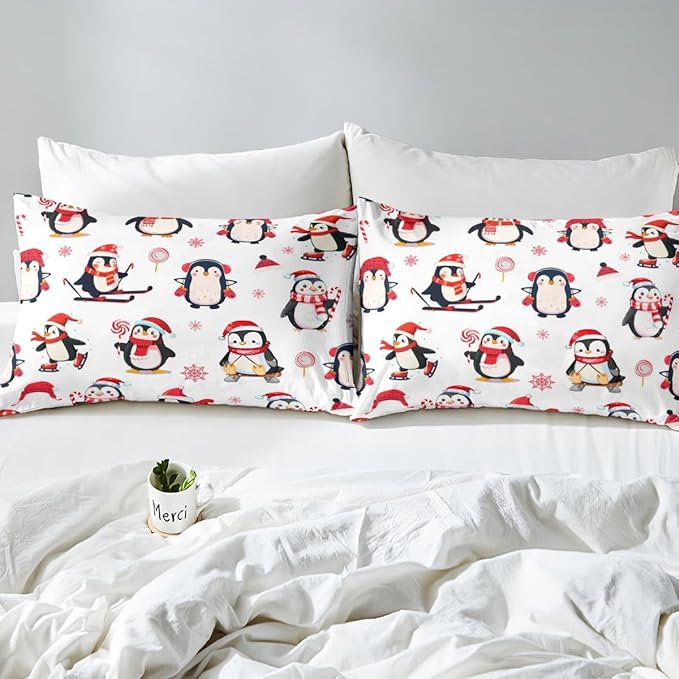 Feelyou Cartoon Penguin Duvet Cover Funny Animal Printed Christmas Day Bedding Set for Kids Room Cute Polar Animal Pattern Decor Comforter Cover Set Snowflake Bedspread Cover 3Pcs Zipper Full Size