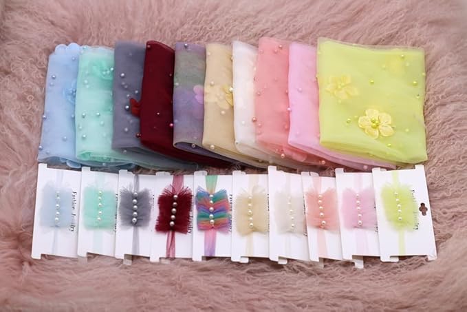 Newborn Baby Photography Props Blanket, Baby Photo Props Pearl Wrap Blanket Headband for Baby Boys Girls Photoshoot (Rainbow)