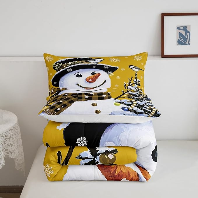 Feelyou Kids Christmas Theme Decorations Bedding Set Xmas Snowman Comforter Set for Boys Girls Snowflake Kawaii Cute Comforter Bright Yellow Quilt Set Bedroom Collection Full Size