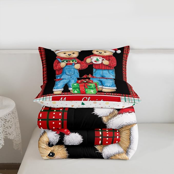 Feelyou Merry Christmas Bedding Set Soft for Boys Girls, Cute Bear Comforter Set Full Size Duvet Quilt Microfiber Winter Bedroom Decor 3 Pcs with 2 Pillow Cases