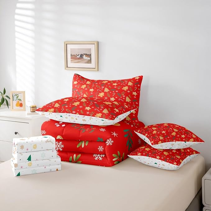 Feelyou Christmas Tree Comforter Set Queen Size 7 Pieces Cute Gingerbread Man Bedding Set for Kids Boys Girls Red Botanical Bed in a Bag Reversible Xmas Decor Bedroom Quilted Breathable Soft