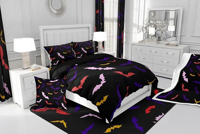 Erosebridal Bat Bedding Set King Size for Kids Children Happy Halloween Comforter Set Flying Bat Quilt Gothic Spooky Down Comforter with 2 Pillow Cases,Purple and Pink