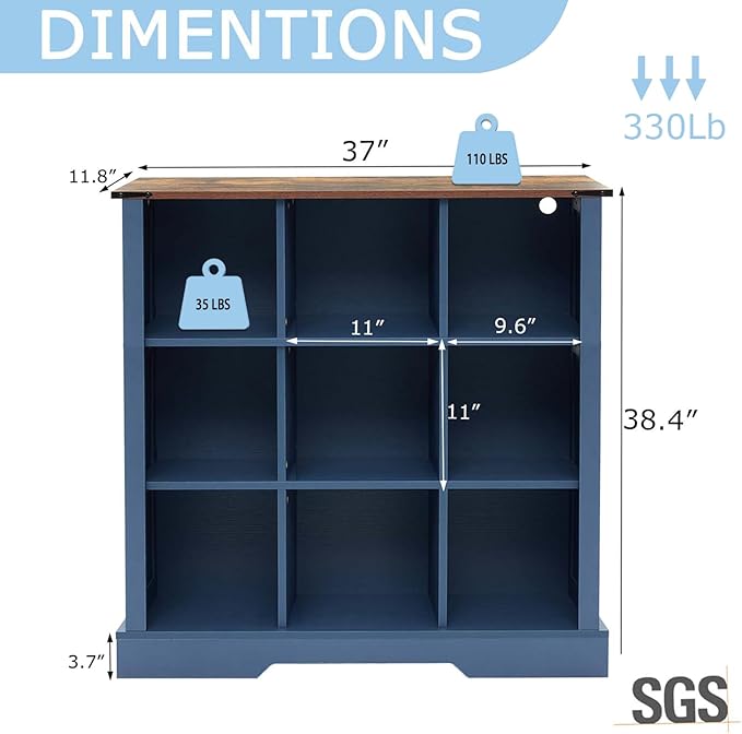 9 Cube Storage Organizer, Wood Cube Bookshelf with LED Lights, Horizontal Storage Cubes, Kids Bookshelf, Display Cabinet Cubby Shelf for Living Room Home Office Bedroom，Navy Blue